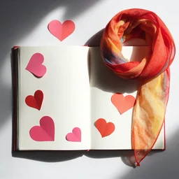 flatlay book and scarf, vivid colors, dramatic lighting, paper hearts