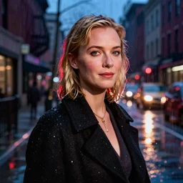 night flash portrait photography of carey mulligan on a rainy night on the lower east side by annie leibovitz, raining!!!, colorful!!, nighttime!!,