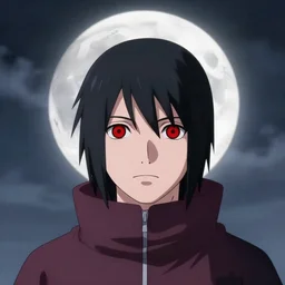 black haired young guy with wide red eyes, full moon, cloudy, uchiha itachi, anime, full face portrait, high symmetry, close look, octane engine, makoto shinkai, genshin impact, hyper detailed, close shot, light blur