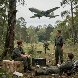 I was sitting somewhere in the edge of the forest with some boy, chatting with him about something, when I saw a military plane falling right above us. We ran towards it, picking up all sorts of crates in the wreckage, hoping it was the black box, and finally we ran to the pilot. Even though the pilot was also lying among the wreckage, he stood up and said he was fine