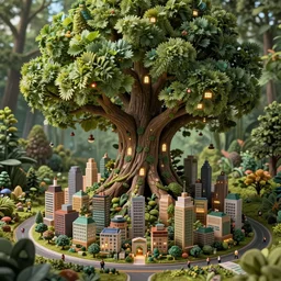 a miniature city built into the trunk of a single colossal tree in the forest, with tiny people, in the style of craig mullins, lit windows, close - up, low angle, wide angle, awe - inspiring, highly detailed digital art