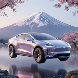 a futuristic crystal - solarpunk tesla cyber truck vehicle hover craft in the future of 2 0 8 9 futuristic version, cyberpunk look. digital art. trending on artstation. cyberpunk look hovering by mount fuji early in the morning with a few blossom trees around, high quality photo