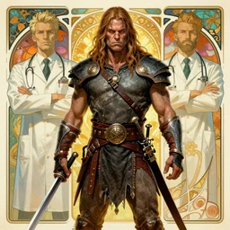 concept art conan the barbarian dressed as a orthopedic doctor cinematic portrait by artgerm, cushart krenz, greg rutkowski, mucha. art nouveau. gloomhaven, gleaming vibrant colors, sharp edges. ultra clear detailed. 8 k. elegant, intricate, octane render