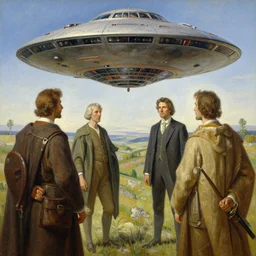 painting of a scene from an ancient historical ufo encounter, charles abel corwin, frank lloyd wright, alphonso mucha, highly detailed, oil painting