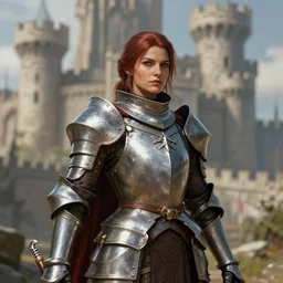 detailed portrait of a female knight posing before a castle | Mark Zug | d&d | hyperrealistic | artstation |
