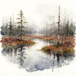 watercolor fast painting of scandinavian bog, reflective, fog, ambient lighting, art by anders zorn, wonderful masterpiece by greg rutkowski, sloppy and quick, sketched mockup aquarelle, paint smear, splashed drips, drops, paintbrush strokes, hand painted, bold brushed