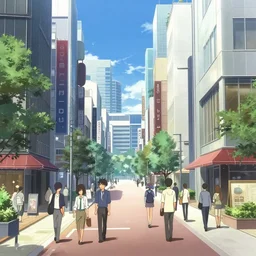 an anime movie background matte painting of a street - level view of a modern city shopping district | | by makoto shinkai, trending on artstation, highly detailed