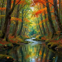 beautiful dryads, paradise forest, colorful leaves, reflections, river, grove glen, digital art, trending on deviantart