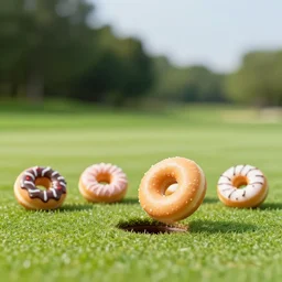 4 5 mm cookbook photgraphy of a donut hitting a hole in one at a golf course, photography by tyler mitchell