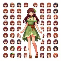 pixel art madoka magika boho cute beautiful druid girl spritesheet mystical anime character design full body, scarf, detailed, realistic proportions