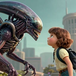 Dora the explorer face to face with a Xenomorph, by Moebius and Giger, greg rutkowski, very coherent, cinematic, hyper realism, high detail, vivid colors, octane render, unreal engine, 8k, Smooth gradients, High contrast, depth of field by Jacek Yerka