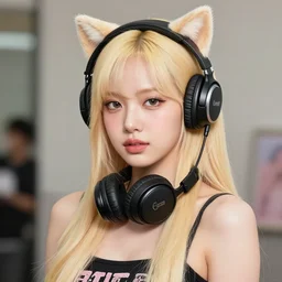 realistic beautiful gorgeous natural cute Blackpink Lalisa Manoban blonde hair cute fur blonde cat ears, wearing summer outfit, wearing headphones, wearing black leather choker artwork drawn full HD 4K highest quality in artstyle by professional artists WLOP, Taejune Kim, Guweiz on Artstation Pixiv