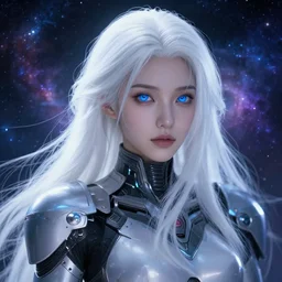 perfect android girl, warframe armor, beautiful face, scifi, futuristic, galaxy, nebula, bae suzy, dreamy, long white hair, blue cyborg eyes, cinematic lighting, highly detailed, very cute, focused, artstation, divine, by gauthier leblanc, kazuya takahashi, huifeng huang, jama jurabaev