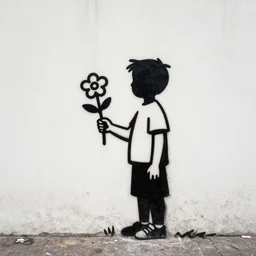 a side profile of a single boy holding flowers in the style of Banksy on a white concrete background, graffiti, digital art