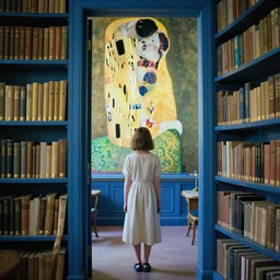 of a girl in a blue and gold library, film still by edward hopper, by gottfried helnwein, by klimt, art noveau, highly detailed, strong lights, liminal, eerie, bright pastel colors,