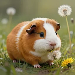 guinea pig eating dandelions. gouache fairytale art, russian romanticism, muted palette, backlighting, depth of field, bokeh.
