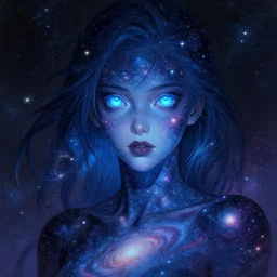A realistic anime portrait of a beautiful cosmic woman with glowing blue eyes and skin made of universes wearing clothes made of galaxies, digital painting, by Stanley Artgerm Lau, Sakimichan, WLOP and Rossdraws, digtial painting, trending on ArtStation, SFW version