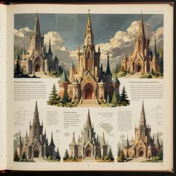 page scan of encyclopedia colored illustration : : fantasy architecture, diagrams showing various fantasy architecture styles, insanely detailed, informative texts and graphs