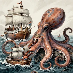 a highly detailed illustration of a giant octopus eating a sinking pirate ship by H.R. Geiger - n 5