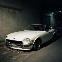 decaying white 350z roadster abandoned in alley night time decrepit shot from bladeruner 2049 soft lighting dark shadows beautiful 35mm camera Ryan Church