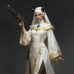 female full body demon nun with black horns holding fantasy gun character concept art, fine detailed art, cinematic, white cleric robe with golden embroidery nun veil cover with horns on top demon nun gunslinger nun nun with gun, dark fantasy game character design concept, dark background soft light magdalena pagowska art in shoo art castelvania art loputyn srasa