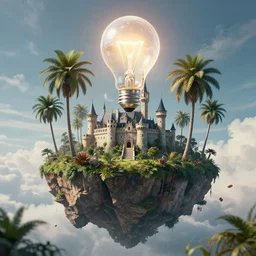a castle surrounded by giant palm trees on a giant floating island in the sky, giant light bulb glowing in the sky, cinematic, digital art by erik johansson, 8 k resolution, hyper detailed, sharp focus