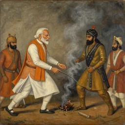 a beautiful dramatic scene of the assassination of narendra modi, mughal miniature painting, oil on wood, grainy, mist smoke, cinematic composition, beautiful lighting, no frames