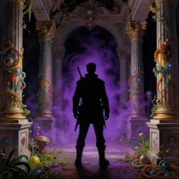 a silhouette of an explorer in a baroque neoclassicist halls overgrown with colorful otherworldly technology. close - up view, detailed textures. glowing purple fog, dark black background. highly detailed fantasy science fiction painting by moebius, norman rockwell, frank frazetta, and syd mead. rich colors, high contrast