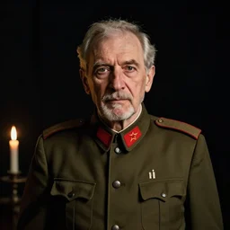 Portrait of an oldman wearing a comunist uniform looking to the camera, artwork by Craig Mullins, black background, candle lights, trending on artstation, dramatic cinematic light