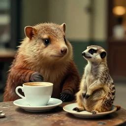 hedhog and meerkat, drinking coffee, cinematic, kodachrome