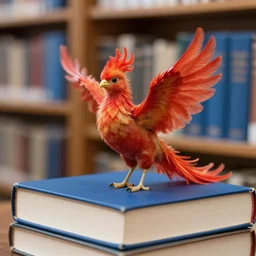 a fledgling small phoenix with soft red feathers that look like flame, sits on top of a thick book, in a library holding blue books