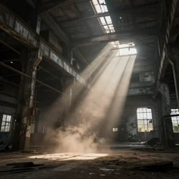 abandoned industrial factory interior, volumetric light scattering, dustlight, god rays, dust, digital art, trending on artstation