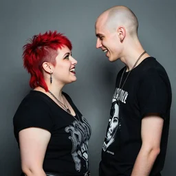 Candid photo of a white couple in their early twenties dressed punk teasing each other, the man is lanky with a shaved bald head and facial piercings, the woman is short and chubby with a red undercut hairstyle