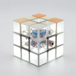 a transparent rubik's cube, the innerworkings are visible, white back light, white environment, dslr, photorealistic