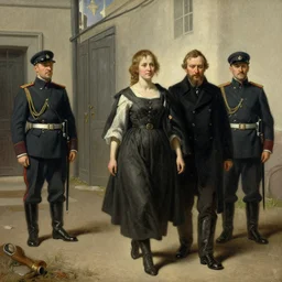katyusha is led away to the prison by two officers, the resurrection, leo tolstoy, drawn by rembrandt