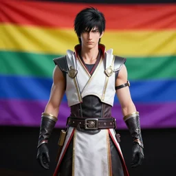 Raiden from Mortal Kombat standing in front of the gay flag
