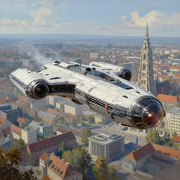anaconda spaceship from elite dangerous above city of munich!!!, hyperrealistic, highly detailed, cinematic, sunny light, beautiful, cgssociety, artstation, 8 k, oil painting by greg rutkowski, by artgerm, by wlop