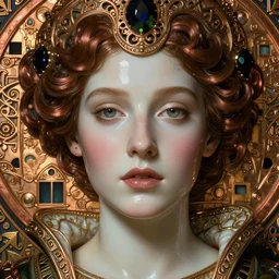 beautiful medieval queen face centered portrait, artwork by james jean and iris van herpen, hyperdetailed realistic smooth polished porcelain, jean delville, art nouveau, gustav klimt, ornate copper patina gothic icon, james jean, ultrasharp hyperdetailed photorealistic octane render
