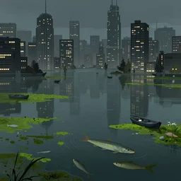 flooded city, fish, algae, boats, city lights, greg rutkowski, trending on artstation, concept art