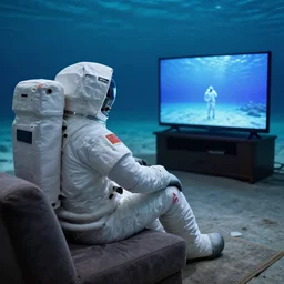 an astronaut under the ocean sitting on a sofa watching tv