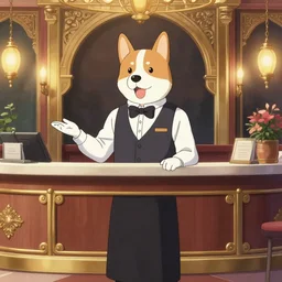 an anime drawing of a dog - headed waiter at the reception of a fancy restaurant