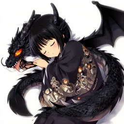 cell shading, a cute anime girl sleeping with a black dragon with fire eyes, sharp and clean image, wlop, ilya kuvshinov, artgerm, krenz cushart, greg rutkowski, hiroaki samura, range murata, james jean, katsuhiro otomo, erik jones
