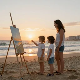 family looks on the sunset in Valencia beach artstation detailed