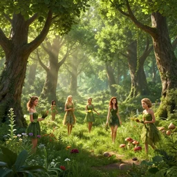 beautiful digital fantasy illustration of the trees of a green woodlands glistens as the morning sun touches its leaves with her gentle rays. dryads of various ages walk through the forest, collecting herbs, flowers, berries, mushrooms, nuts, fruits, and seeds to make into potions by alena aenami and arthur adams, octane render, detail texture, unreal engine, 8 k