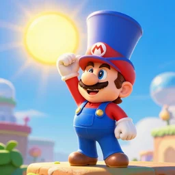 Mario (Super Mario Bros) wearing an extremely top hat that is so tall it touches the sun.