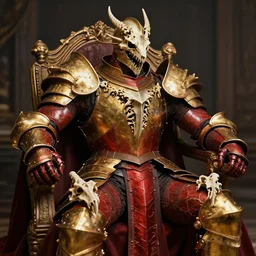 portrait the great muscular knight dark souls in golden red armor made of polished dragon bones looks relaxed, quantum physics, victorian era