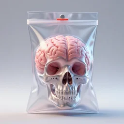 transparent bag shaped as a skull containing brains, 3D render