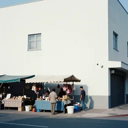 a scene of a market stall on a street corner in the style of the ( minority report ) film taken from a distance, minimalist, blue and white, cinematic lighting