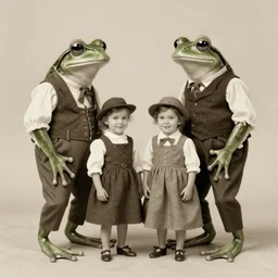 frogs wearing old timey clothes, vintage family photo of a frogs wearing old timey clothes, sepia, frog picture