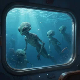 aquatic aliens seen from the window of a submarine underwater, concept art, digital painting, trending on artstation, deviantart, epic composition, extremely detailed, volumetric lighting, masterpiece, octane render